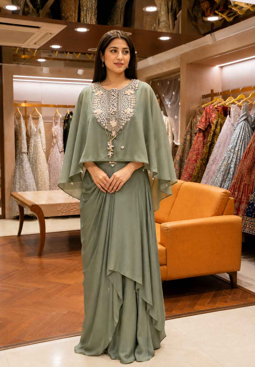 Pista Green Cape Style Sharara Set with Embroidered Neckline | Festive & Party Wear