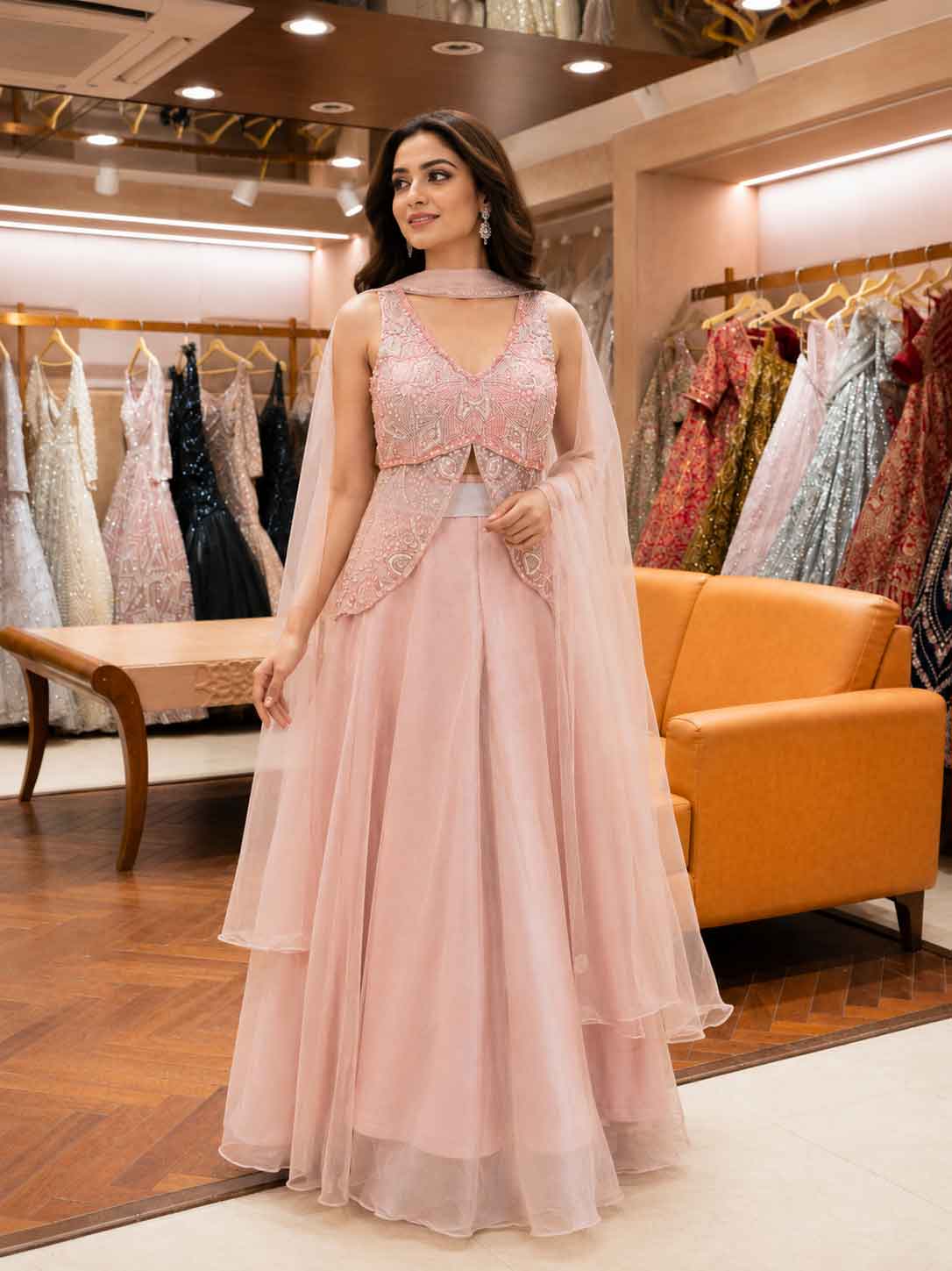 Elegant Pink Embroidered Lehenga Set with Sheer Dupatta | Festive & Party Wear