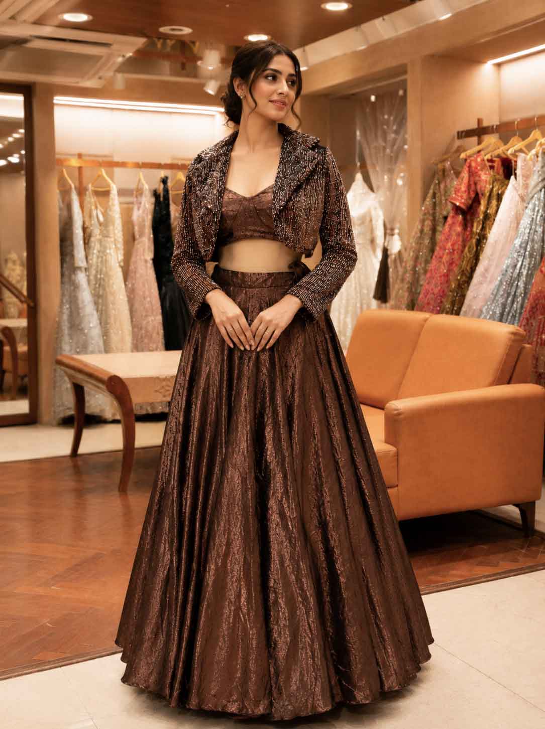 Elegant Brown Shimmer Lehenga Set with Cropped Jacket | Party & Festive Wear