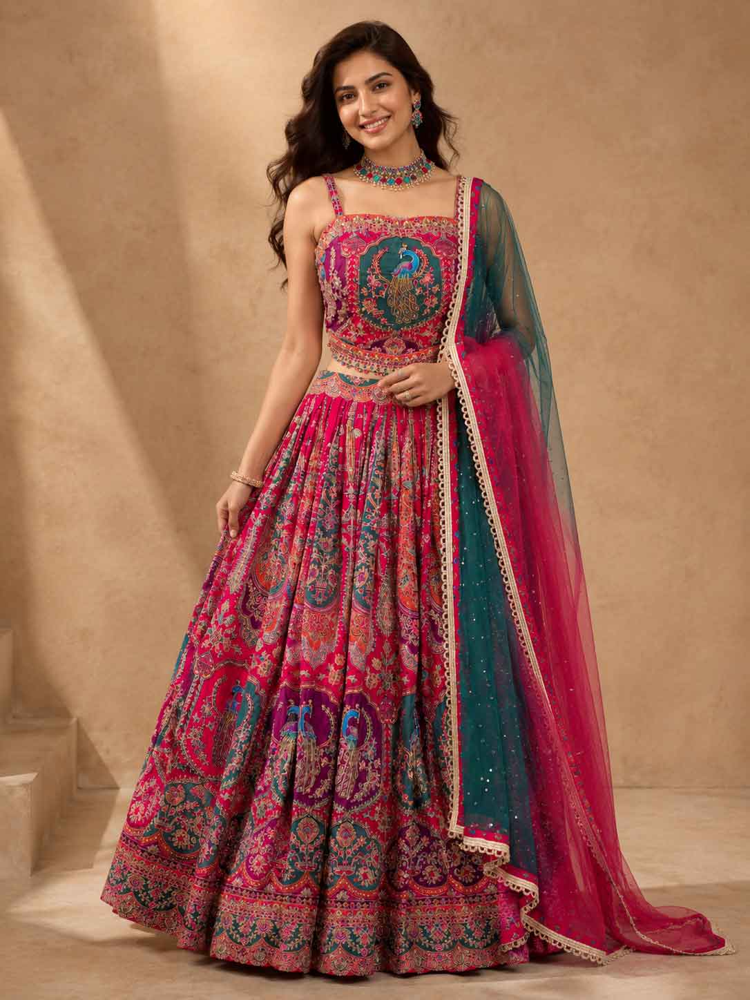 Rani Pink Designer Lehenga with Peacock Embroidery & Multicolor Dupatta | Wedding Wear