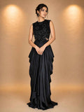 Black Designer Gown with Sequin Embellished Bodice & Draped Skirt | Party Wear