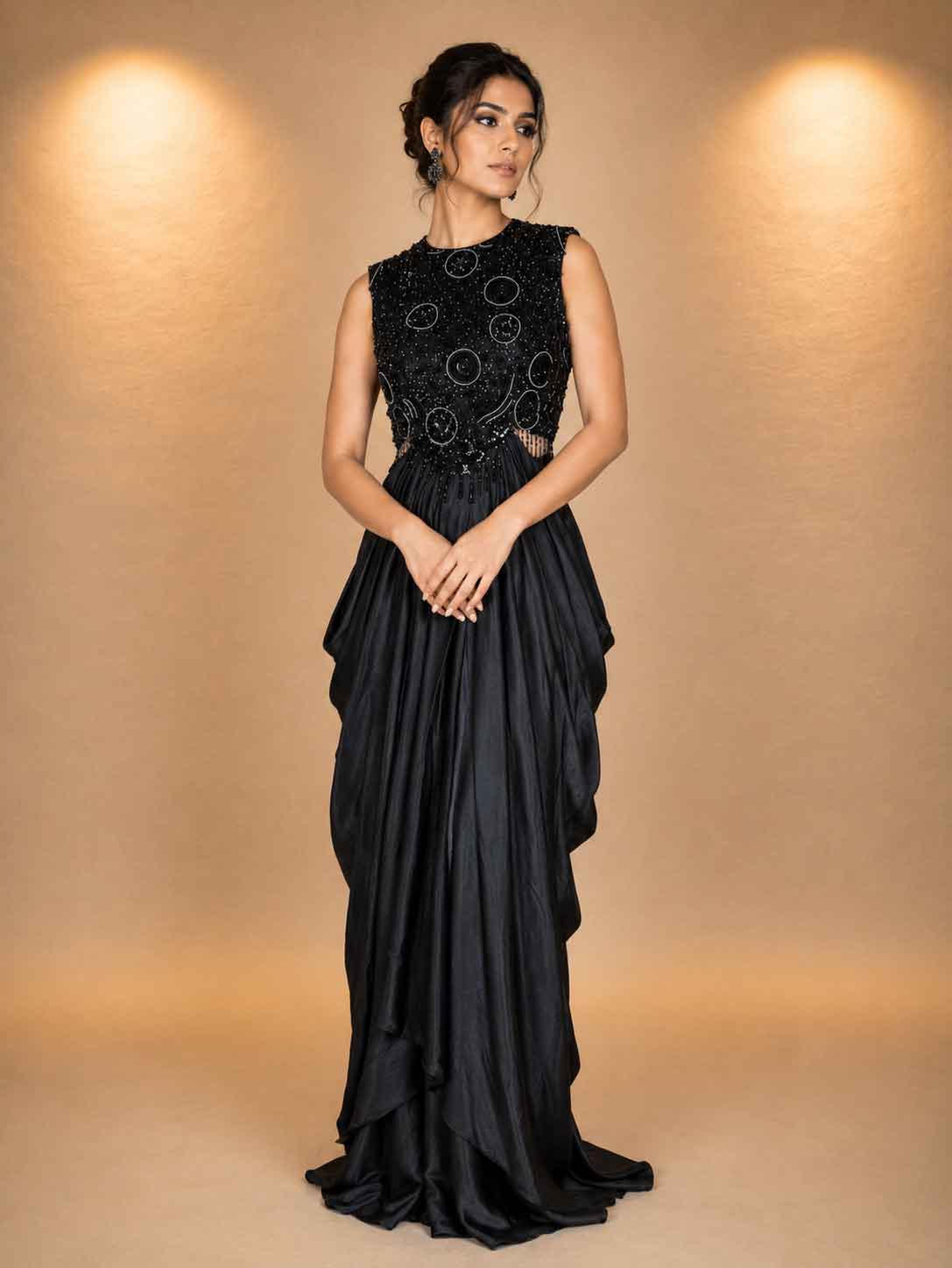 Black Designer Gown with Sequin Embellished Bodice & Draped Skirt | Party Wear