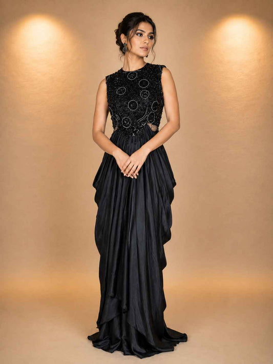 Black Designer Gown with Sequin Embellished Bodice & Draped Skirt | Party Wear