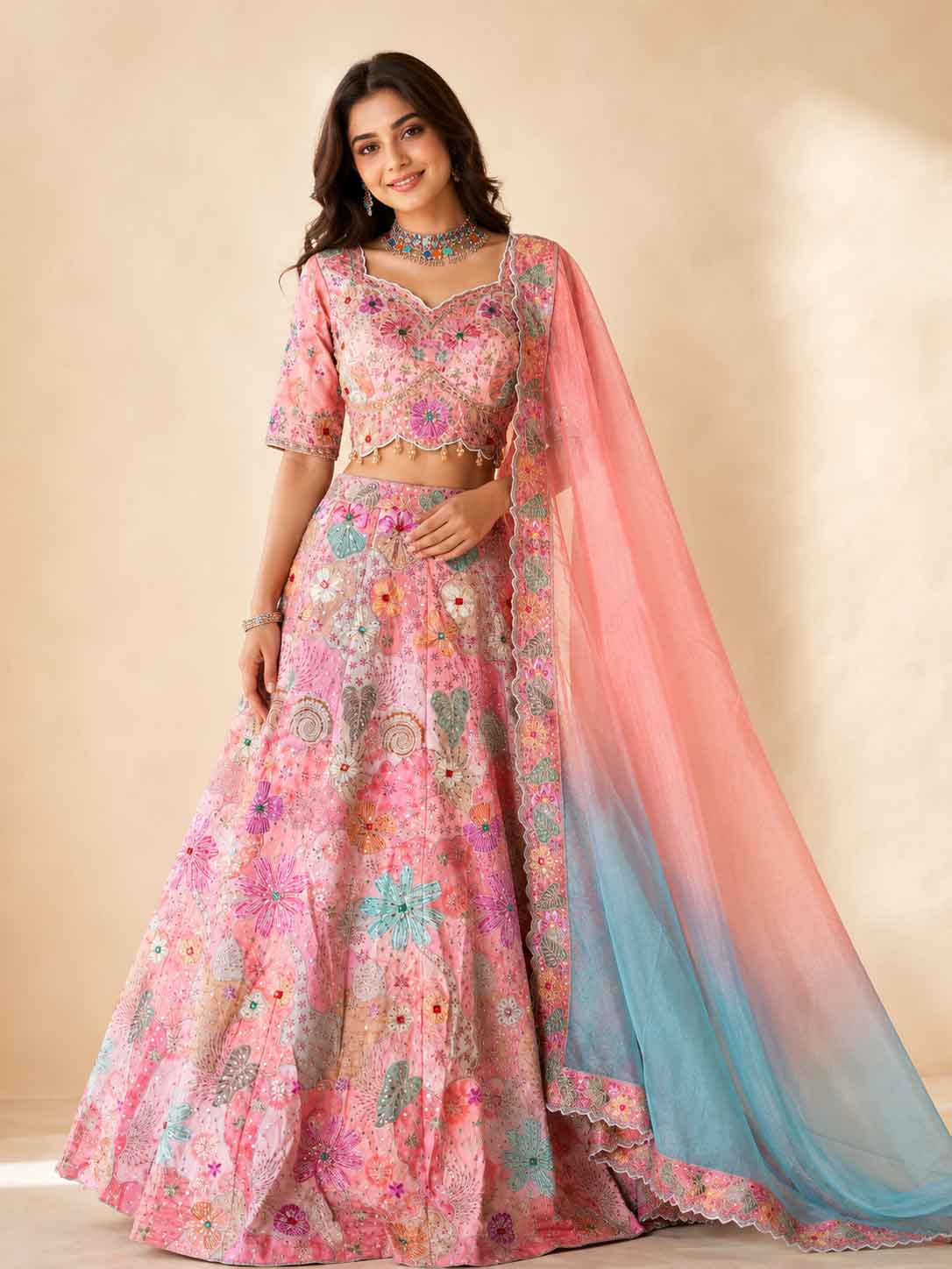 Peach Floral Embroidered Lehenga Set with Multicolor Dupatta | Festive & Party Wear