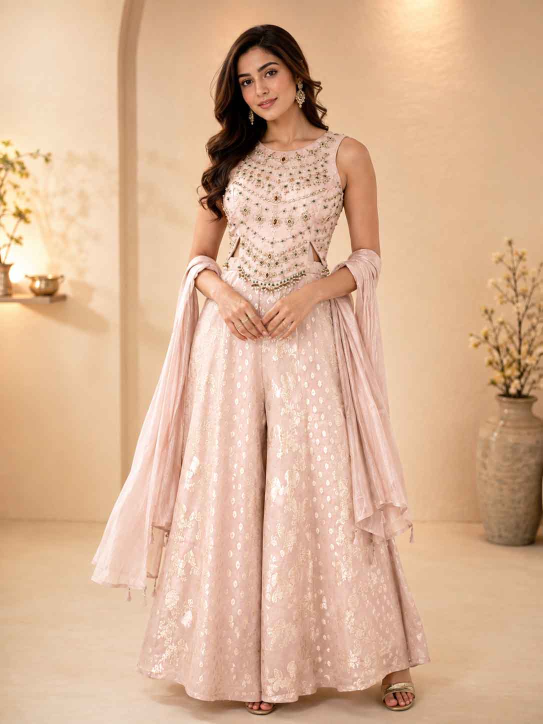 Peach Embroidered Anarkali Palazzo Suit with Dupatta | Elegant Festive Wear