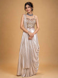 Gold Designer Draped Saree Gown for Women | Embellished Blouse with Metallic Draped Skirt