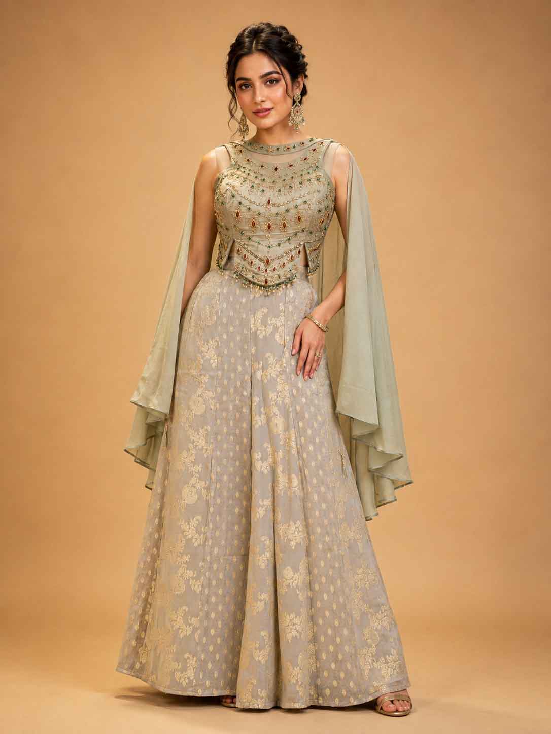 Gold Designer Plazo Set for Women | Embellished Kurta with Flared Plazo & Dupatta