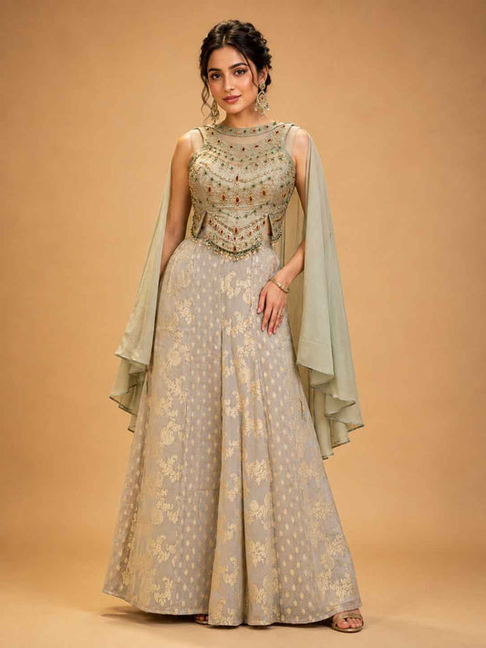 Gold Designer Plazo Set for Women | Embellished Kurta with Flared Plazo & Dupatta