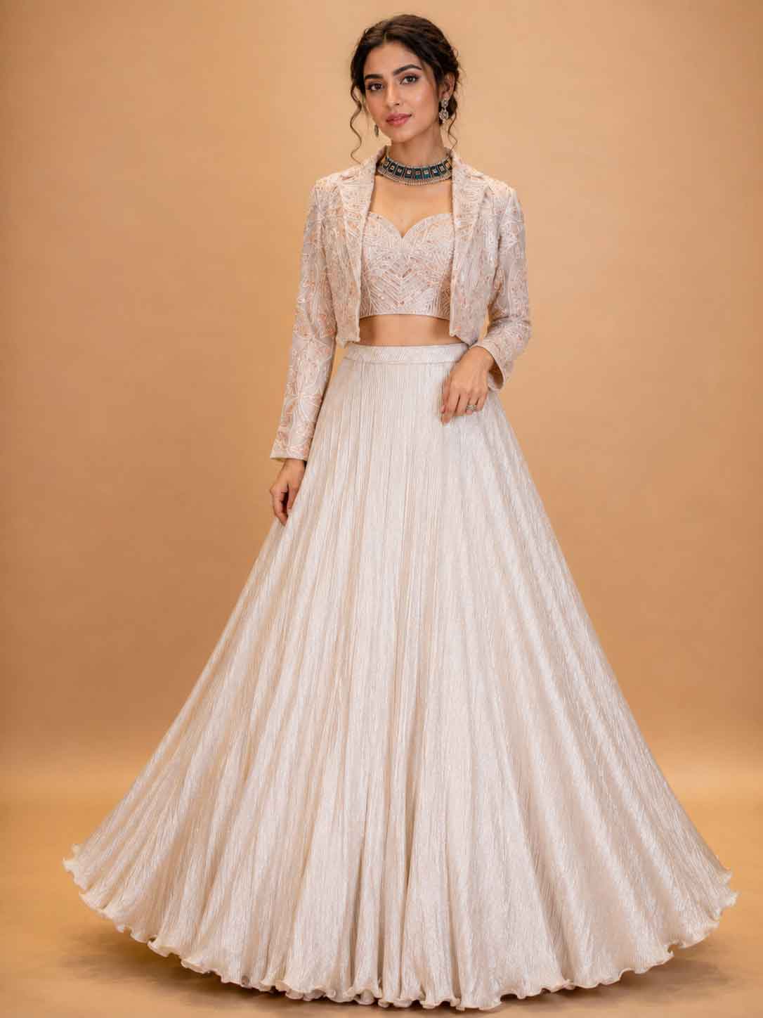 Gold Designer Lehenga Set for Women | Embellished Crop Top with Jacket
