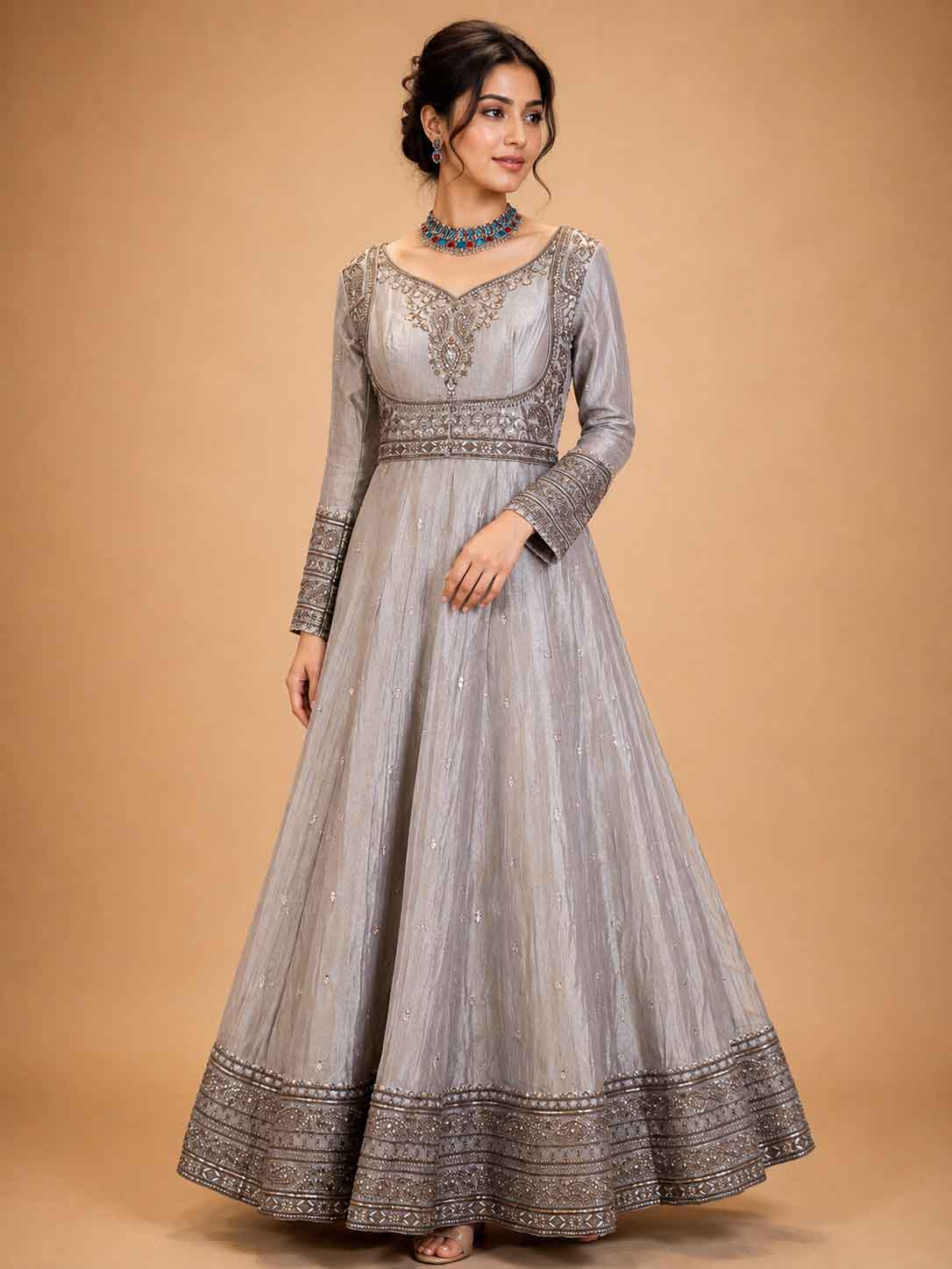 Chiku Colour Designer Anarkali Suit for Women | Embroidered Festive & Wedding Wear