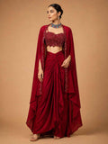 Maroon Designer Draped Skirt Set for Women | Embellished Crop Top & Cape