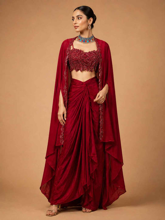 Designer Draped Skirt Set with Embellished Crop Top & Cape