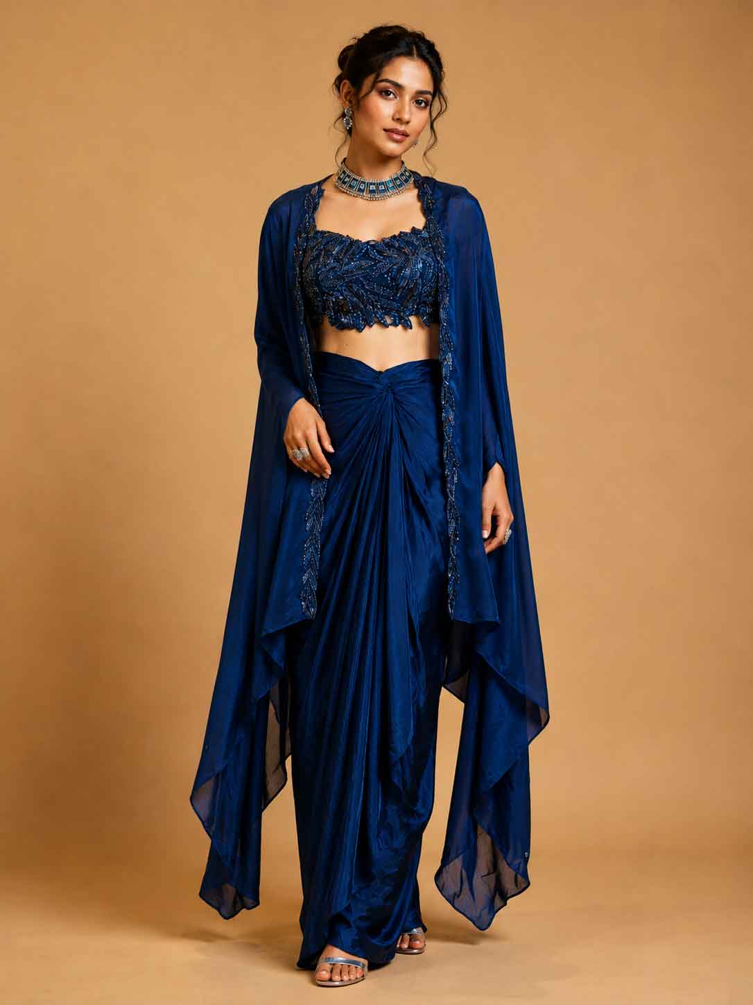 Navy Blue Designer Draped Skirt Set for Women | Embellished Crop Top & Cape