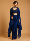Navy Blue | Designer Draped Skirt Set with Embellished Crop Top & Cape | 1