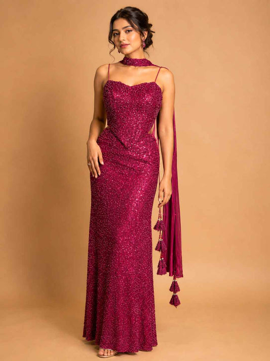 Maroon embellished fishcut designer gown for women by ASMA Bengaluru