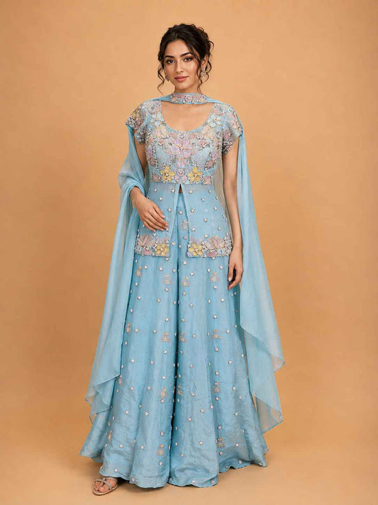 Aqua blue embroidered straight cut suit set for women by ASMA Bengaluru