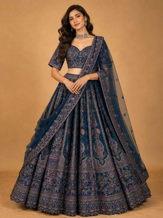 Navy blue printed designer lehenga set for women by ASMA Bengaluru