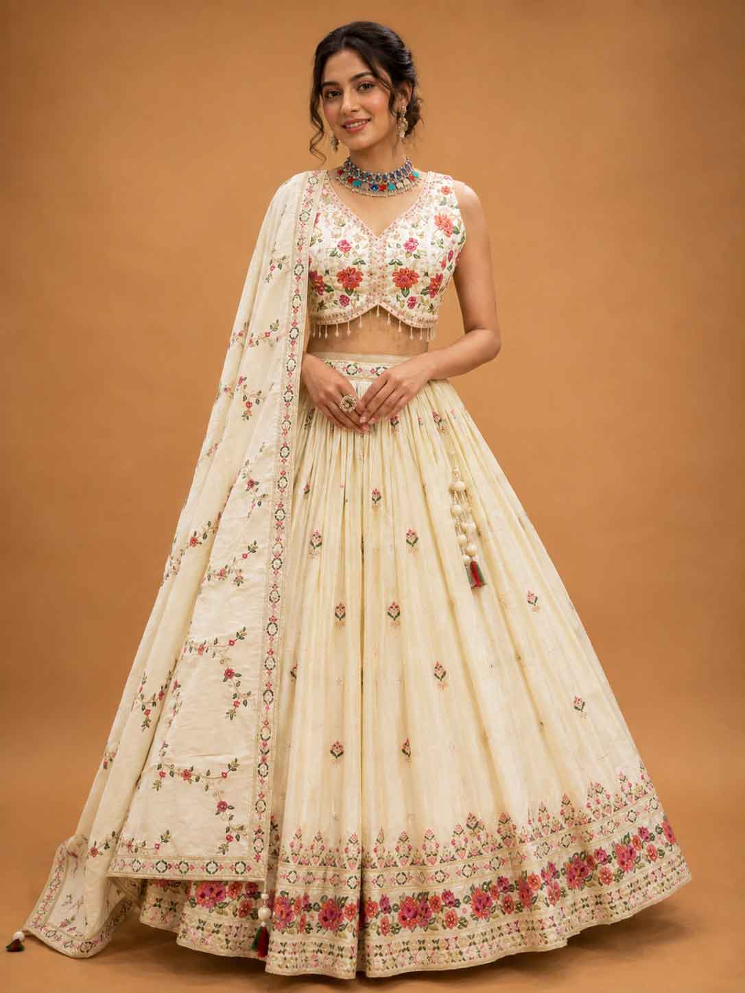 Cream Designer Lehenga Choli for Women | Floral Embroidered Wedding Lehenga