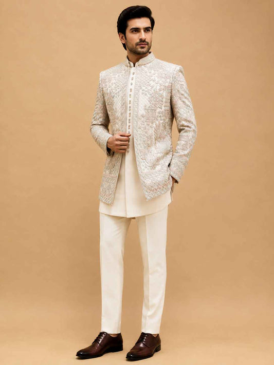 Luxury Ivory & Champagne Embroidered Indo-Western Sherwani Set for Men | Designer Wedding & Reception Wear