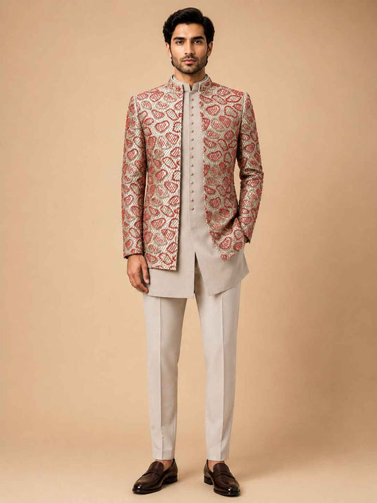 Premium Beige & Coral Embroidered Indo-Western Sherwani Set for Men | Designer Wedding & Festive Wear