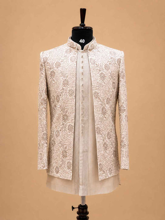 Men's champagne beige embroidered Indo-Western sherwani - view 2