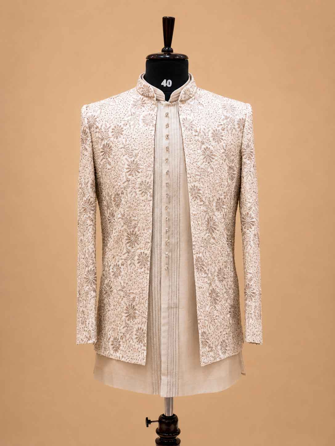 Luxury Champagne Beige Embroidered Indo-Western Sherwani Set for Men | Designer Wedding & Festive Wear