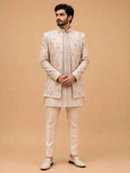 Luxury Champagne Beige Embroidered Indo-Western Sherwani Set for Men | Designer Wedding & Festive Wear