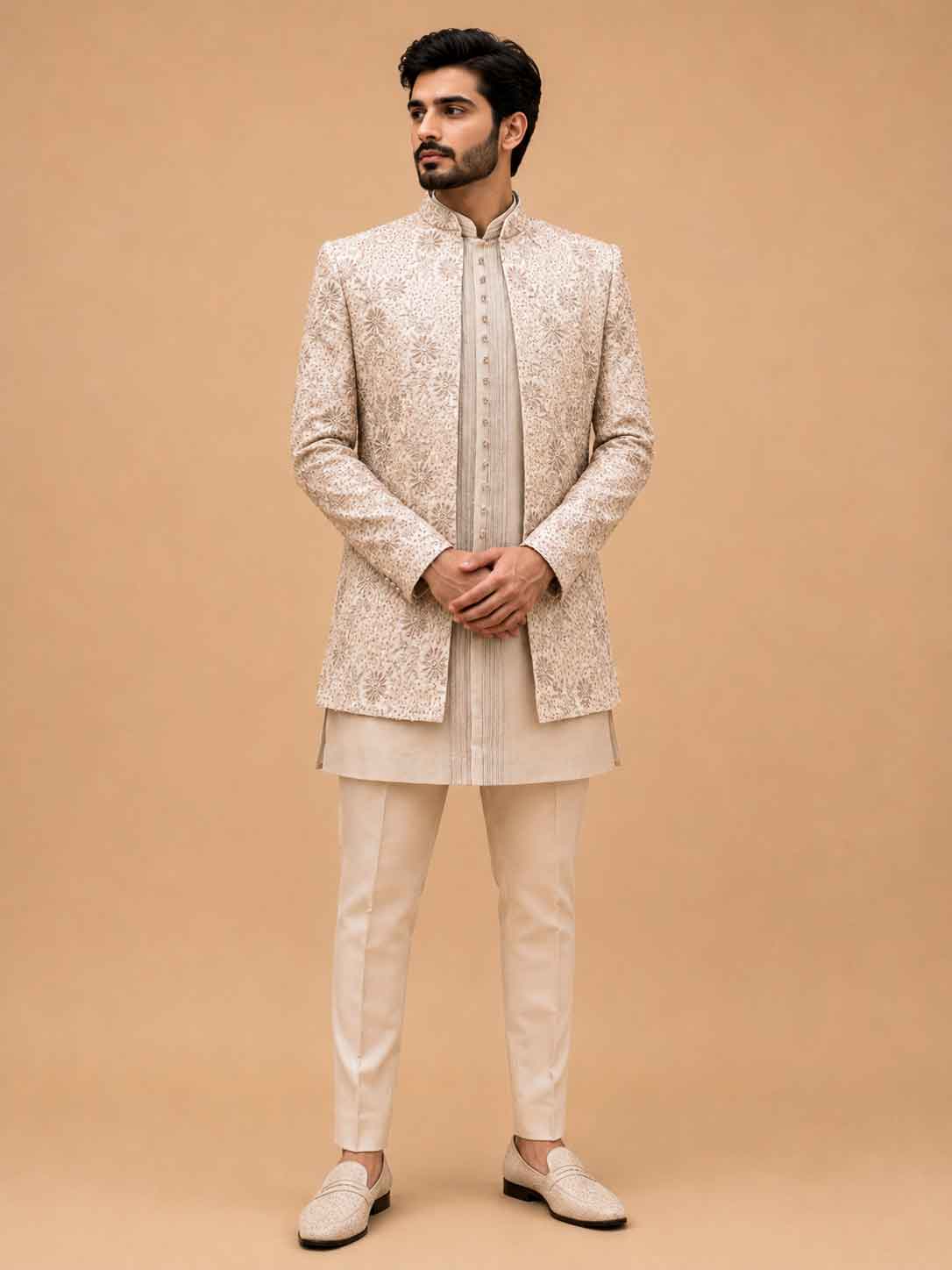 Luxury Champagne Beige Embroidered Indo-Western Sherwani Set for Men | Designer Wedding & Festive Wear