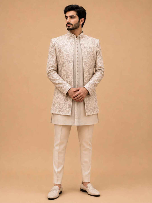 Luxury Champagne Beige Embroidered Indo-Western Sherwani Set for Men | Designer Wedding & Festive Wear