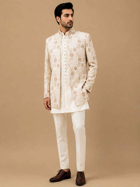 Premium Ivory & Gold Embroidered Indo-Western Sherwani Set for Men | Designer Wedding & Reception Wear