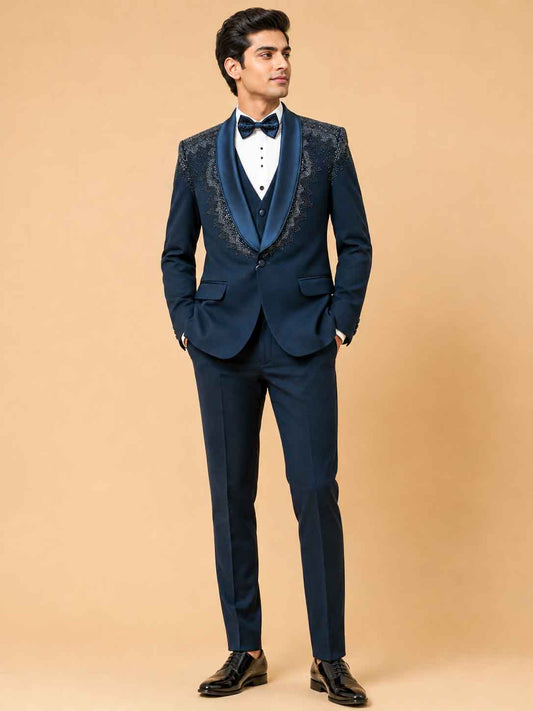 Luxury Midnight Blue Embellished Tuxedo Suit for Men | Designer Wedding, Reception & Black Tie Wear