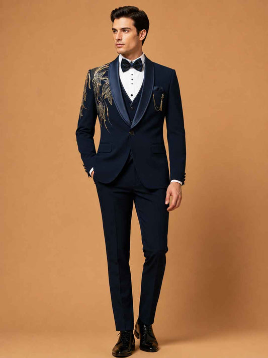Luxury Navy Blue Embroidered Tuxedo Suit for Men | Premium Designer Wedding, Reception & Black Tie Wear