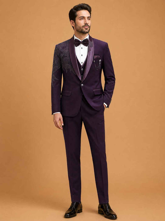 Luxury Deep Plum Embellished Tuxedo Suit for Men | Premium Designer Wedding, Reception & Black Tie Wear