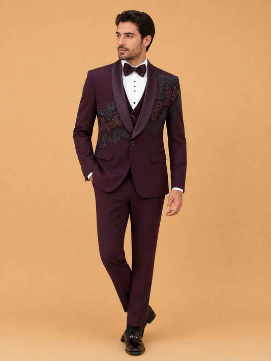Luxury Burgundy Embellished Tuxedo Suit for Men | Premium Designer Wedding, Reception & Black Tie Wear