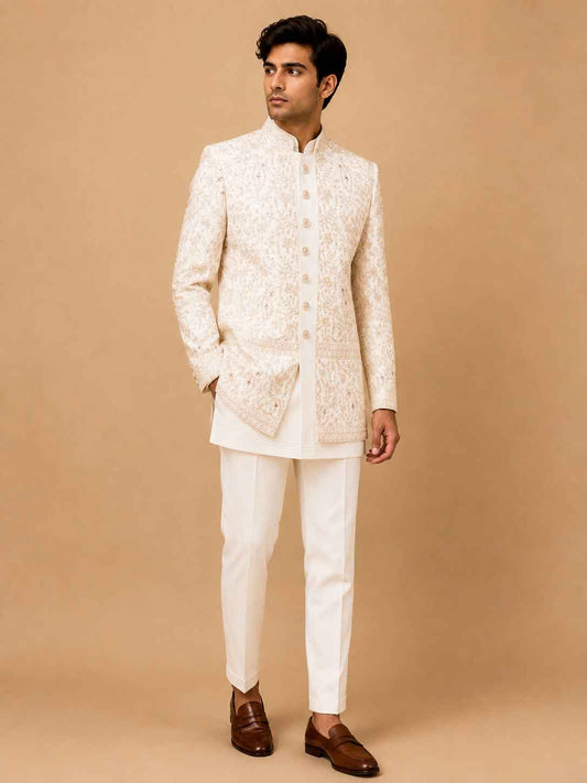 Luxury Ivory Embroidered Indo-Western Sherwani Set for Men | Premium Wedding & Reception Wear