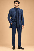 Navy Blue Textured Indo-Western Suit Set for Men | Wedding & Reception Wear