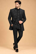Black Textured Indo-Western Suit Set for Men | Wedding & Reception Wear