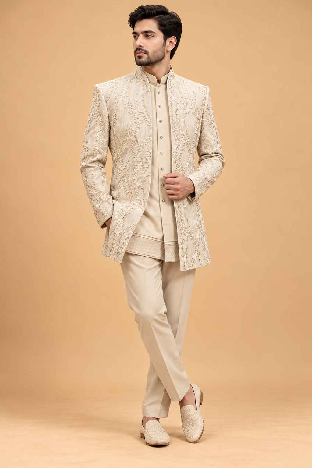 Ivory Textured Indo-Western Suit Set for Men | Wedding & Groom Wear