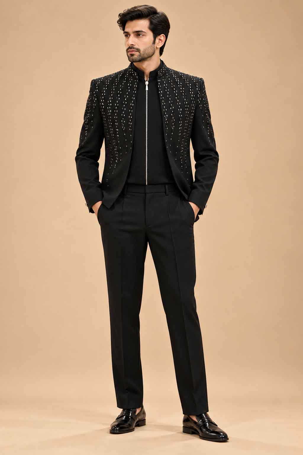 Black Embellished Men’s Formal Suit Set with Straight-Fit Trousers