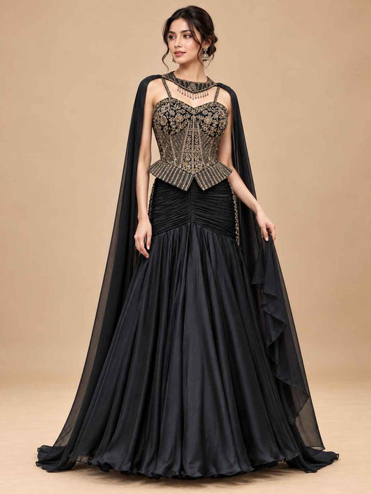 Black Embellished Gown with Sheer Cape and Pleated Flared Skirt for Women