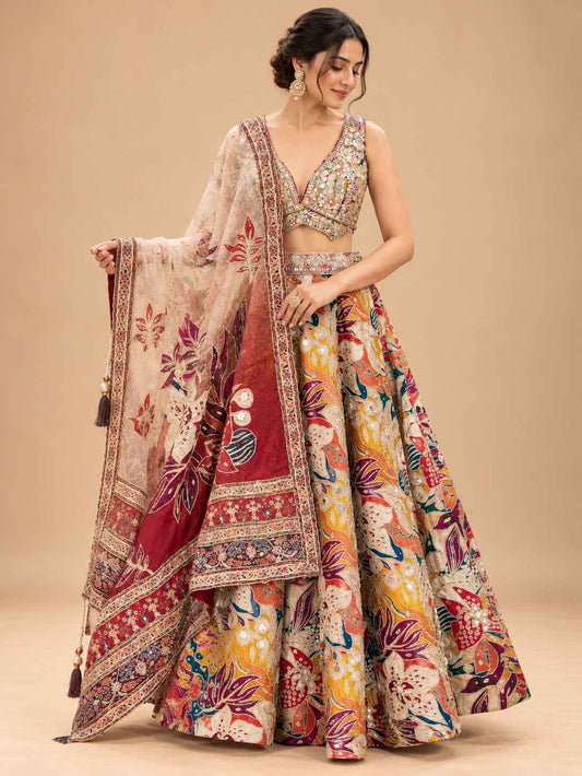 Multicolour Printed Lehenga Set with Embellished Blouse & Dupatta for Women