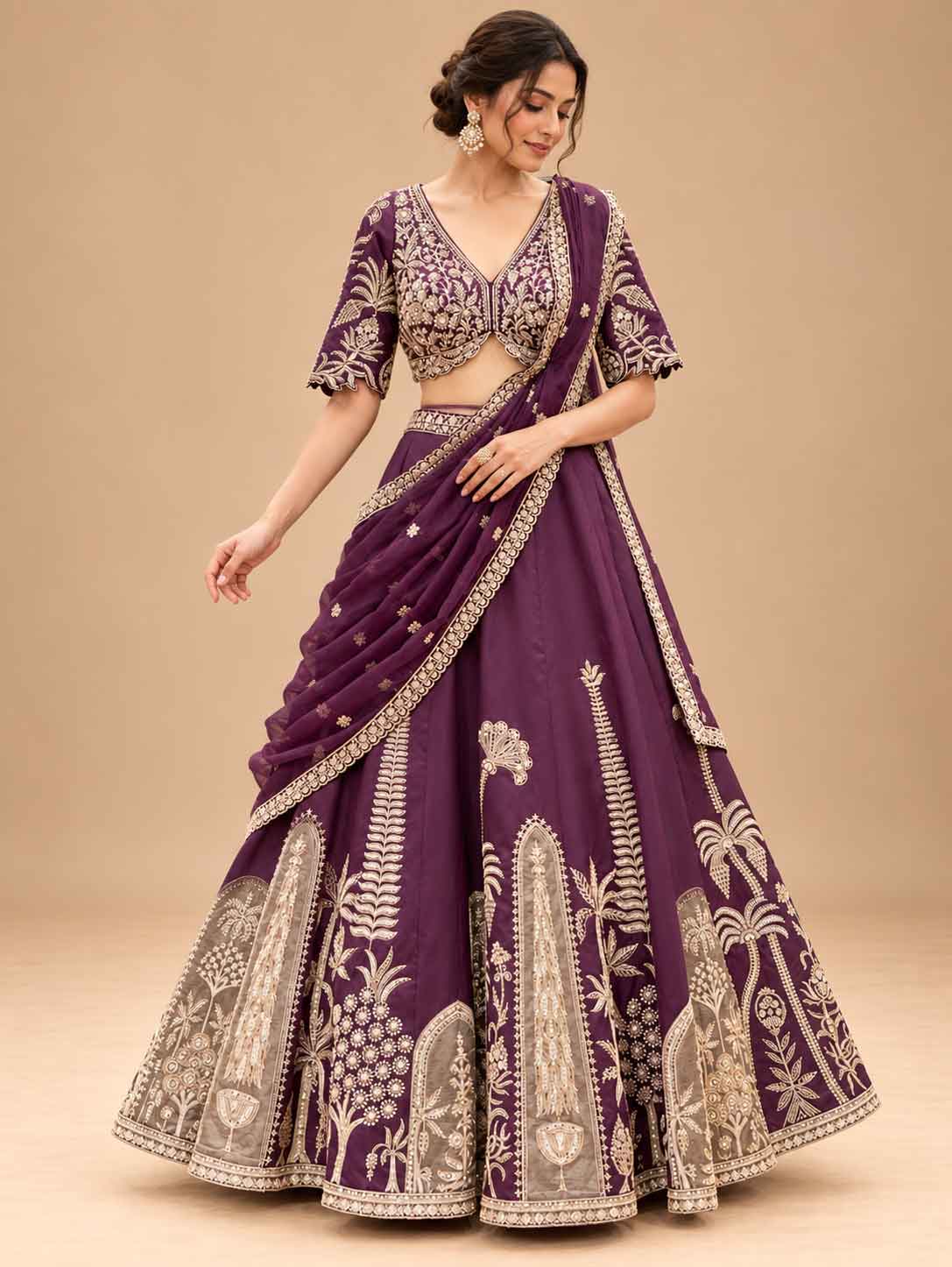 Deep Purple Embroidered Lehenga Set with Draped Dupatta for Women