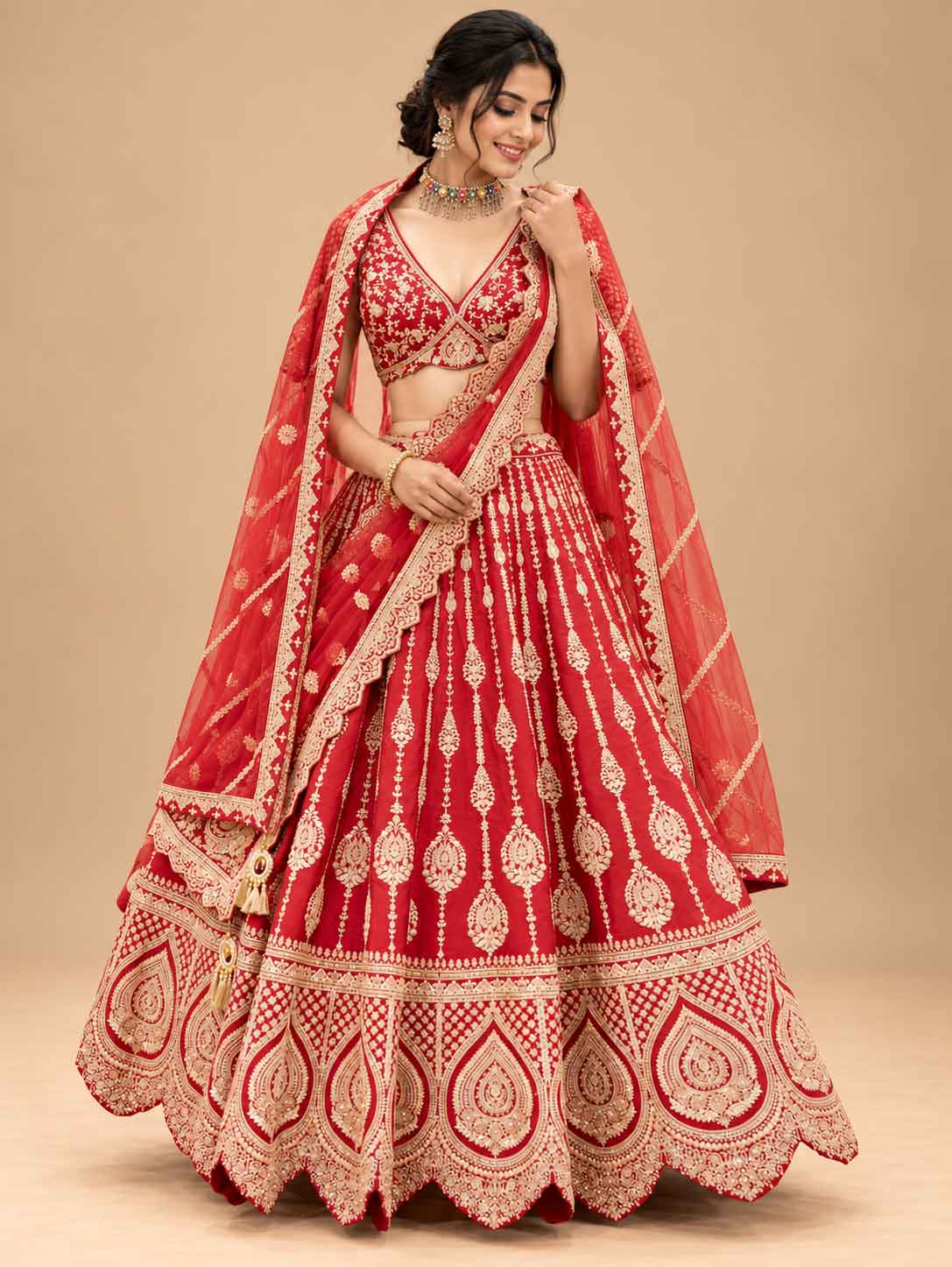 Red Embroidered Bridal Lehenga Set with Sheer Dupatta for Women