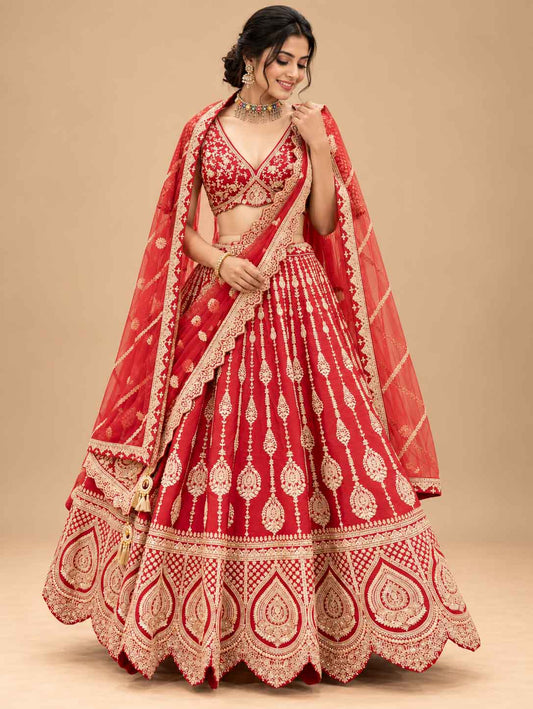 Red Embroidered Bridal Lehenga Set with Sheer Dupatta for Women