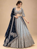 Silver Grey & Navy Blue Embroidered Lehenga Set with Dupatta for Women