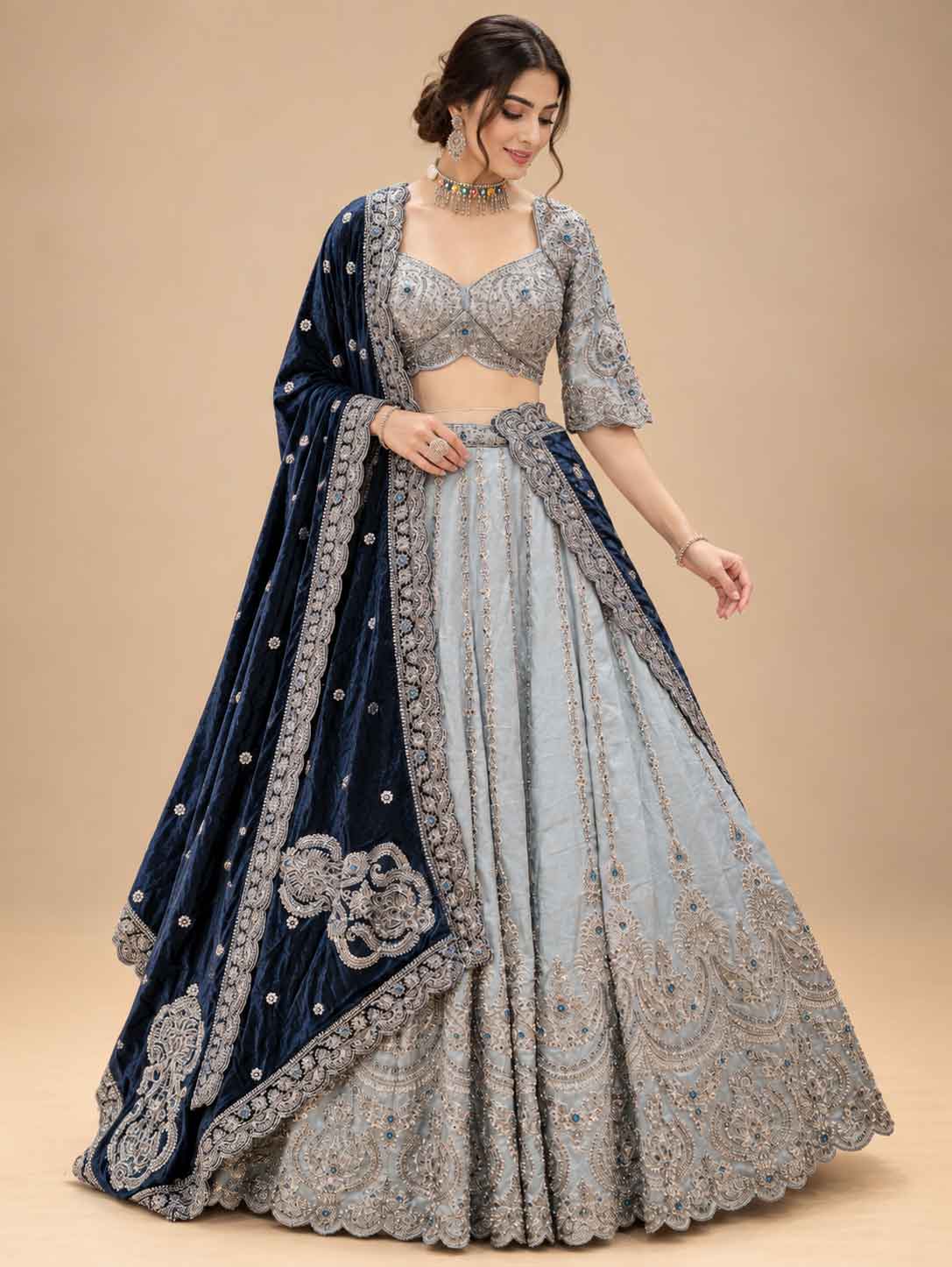 Silver Grey & Navy Blue Embroidered Lehenga Set with Dupatta for Women