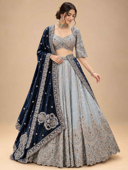 Silver Grey & Navy Blue Embroidered Lehenga Set with Dupatta for Women
