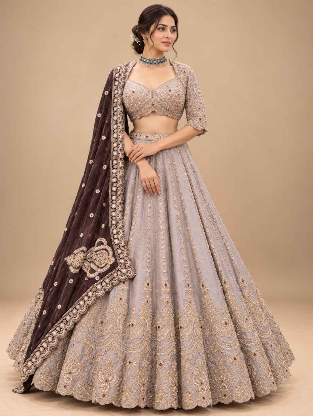 Champagne Grey Embroidered Lehenga Set with Brown Dupatta for Women