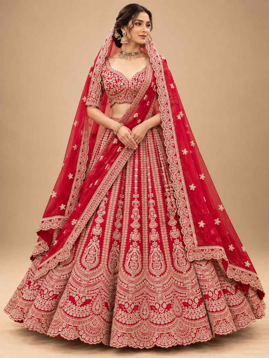 Red Embroidered Bridal Lehenga Set with Matching Dupatta for Women