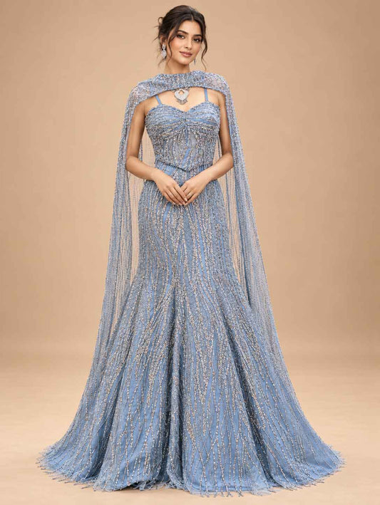 Powder Blue Embellished Flared Gown with Sheer Cape Dupatta for Women